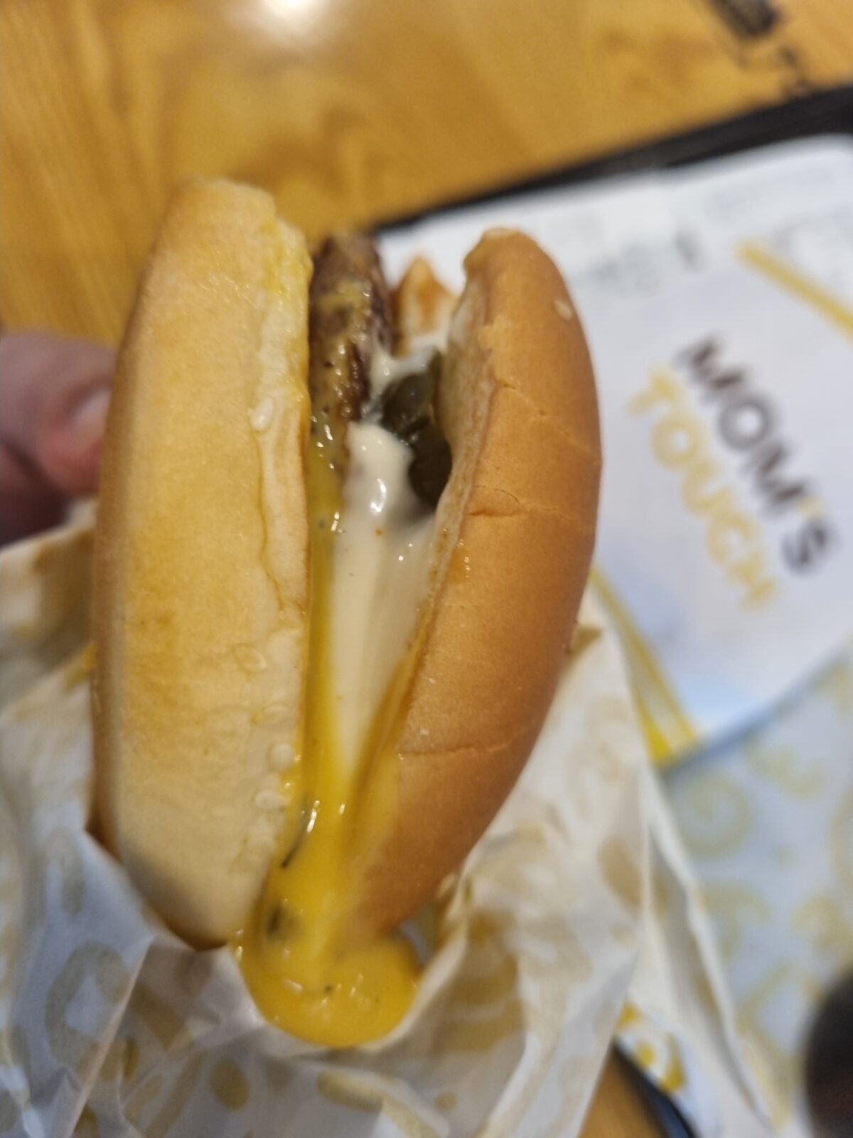 Mom’s Touch Grilled Burger yellow mustard sauce not cheese