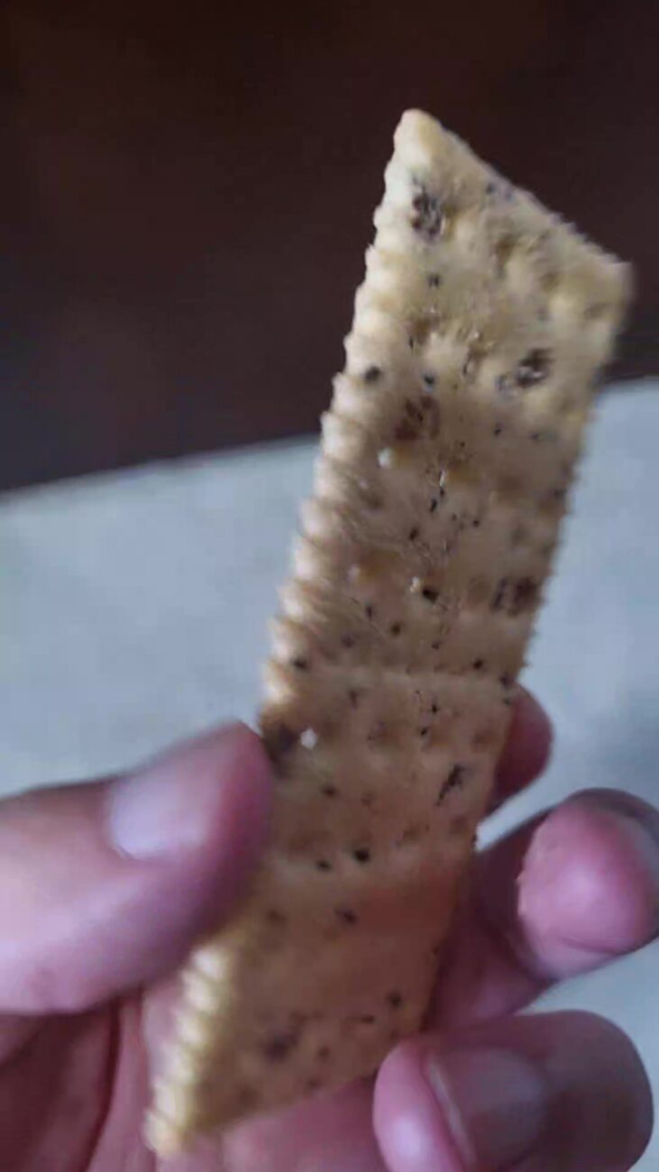 Black truffle jamon cracker held in hand quinoa chia seed