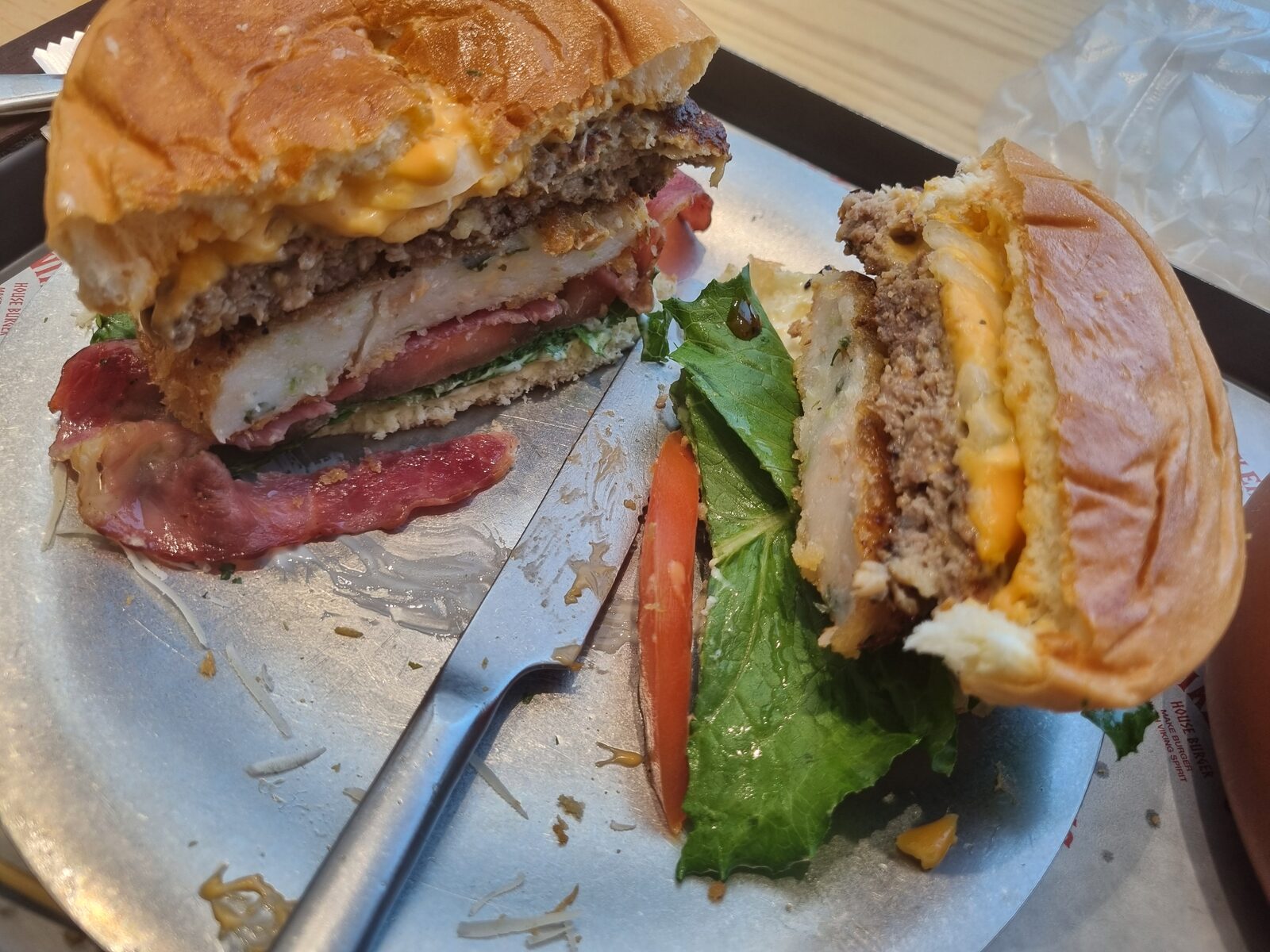 VIKEN HUS burger cross section showing beef and eomuk fish cake patty