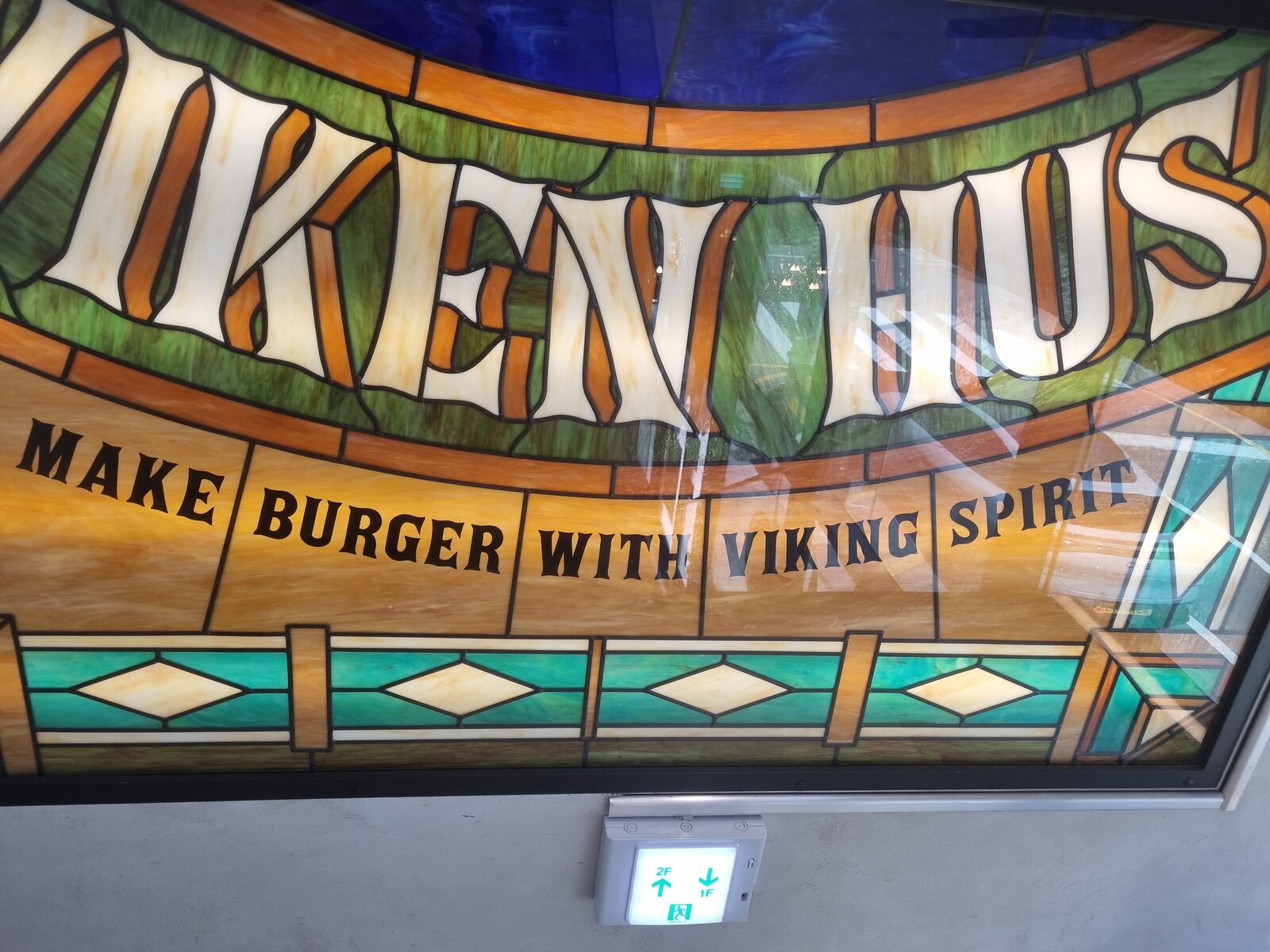 VIKEN HUS stained glass sign Busan make burger with viking spirit