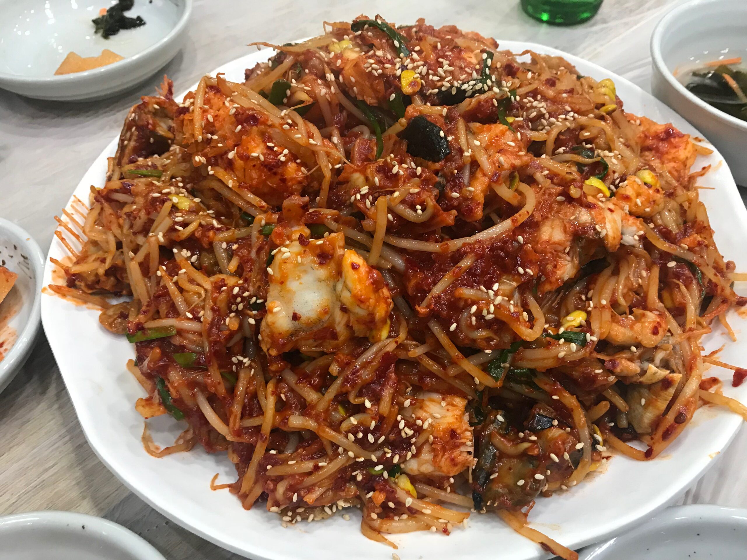 Another agujjim platter, sauce coating soybean sprouts and fish
