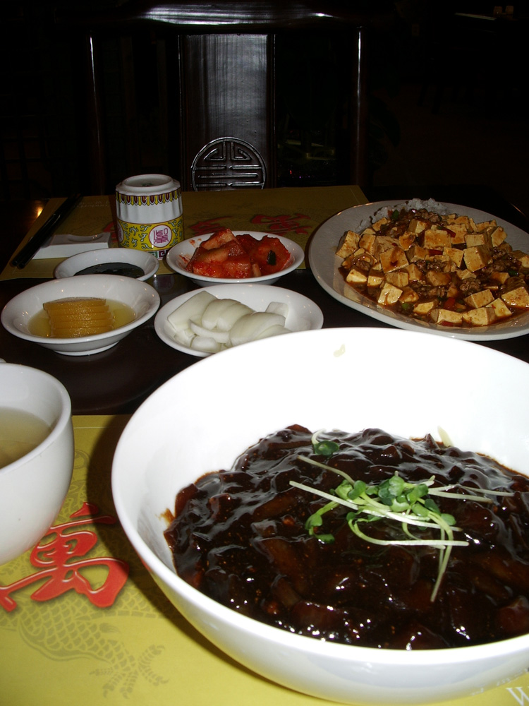 Black bean sauce noodles with the sauce mixed through